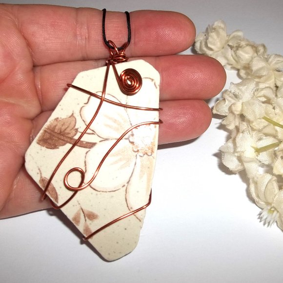 Retro Vintage Pottery Necklace New Wire Wrapping Flower Tan Orange Copper C084 - Picture 6 of 9